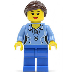 Medium Blue Female Shirt with Two Buttons and Shell Pendant, Blue Legs, Dark Brown Ponytail and Swept Sideways Fringe – ГРАДСКИ