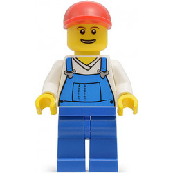 Overalls Blue over V-Neck Shirt, Blue Legs, Red Short Bill Cap, Grin with Teeth – ГРАДСКИ