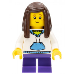 Child - Girl, White Hoodie with Medium Blue Pocket, Dark Purple Short Legs, Dark Brown Long Hair, Freckles – ГРАДСКИ