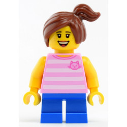 Child - Girl, Bright Pink Striped Shirt with Cat Head, Blue Short Legs, Reddish Off-center Ponytail, Freckles – ГРАДСКИ