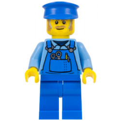 Mechanic - Male, Blue Overalls over Medium Blue Shirt, Blue Legs, Blue Police Hat, Dark Tan Moustache and Sideburns, Back Print – ГРАДСКИ