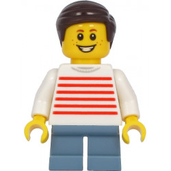 Boy - White Sweater with Red Horizontal Stripes, Sand Blue Short Legs, Dark Brown Hair – ГРАДСКИ