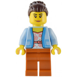 Club Owner / Manager - Female, Bright Light Blue Jacket over White Shirt with Coral Flowers, Dark Orange Legs, Dark Brown Hair with Bun – ГРАДСКИ