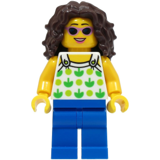 Beach Tourist - Female, White Halter Top with Green Apples and Lime Spots, Blue Legs, Dark Brown Long Tousled Hair, Sunglasses – ГРАДСКИ