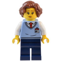 Natural History Museum Employee - Female, Bright Light Blue Sweater Vest with ID Badge, Dark Blue Legs, Reddish Brown Hair – ГРАДСКИ