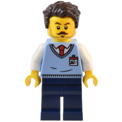 Natural History Museum Employee - Male, Bright Light Blue Sweater Vest with ID Badge, Dark Blue Legs, Dark Brown Tousled Hair – ГРАДСКИ