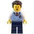 Natural History Museum Employee - Male, Bright Light Blue Sweater Vest with ID Badge, Dark Blue Legs, Dark Brown Tousled Hair – ГРАДСКИ