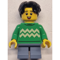 Child - Boy, Bright Green Sweater with Bright Light Yellow Zigzag Lines, Sand Blue Short Legs, Black Hair Wavy, Freckles – ГРАДСКИ