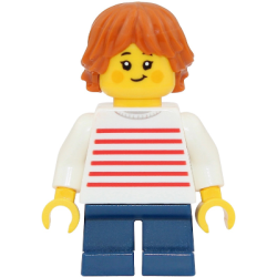 Child - Girl, White Sweater with Red Horizontal Stripes, Dark Blue Short Legs, Dark Orange Tousled and Layered Hair – ГРАДСКИ