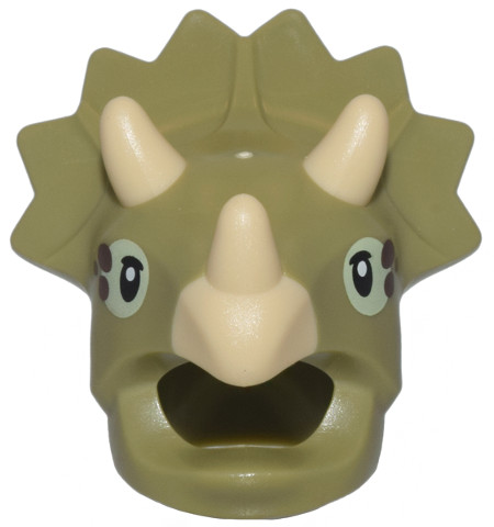 Minifigure, Headgear Head Cover, Costume Dinosaur Triceratops with Molded Tan Horns, Printed Black and Yellowish Green Eyes with Dark Brown Spots Pattern: {маслинено зелен}