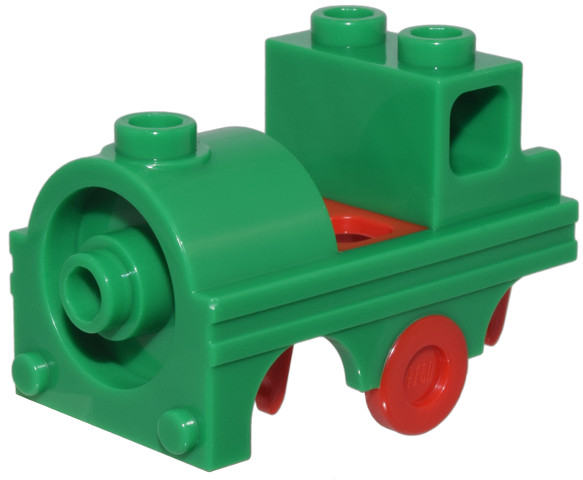 Minifigure Costume Train with Molded Red Wheel Holders and Trolley Wheel Pattern: {тъмно зелен}
