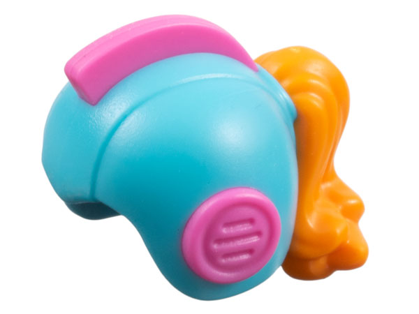 Minifigure, Hair Combo, Hat with Hair, Helmet Space Retro with Open Front with Molded Dark Pink Earpieces and Crest and Orange Ponytail Pattern: {умерено небесносин}
