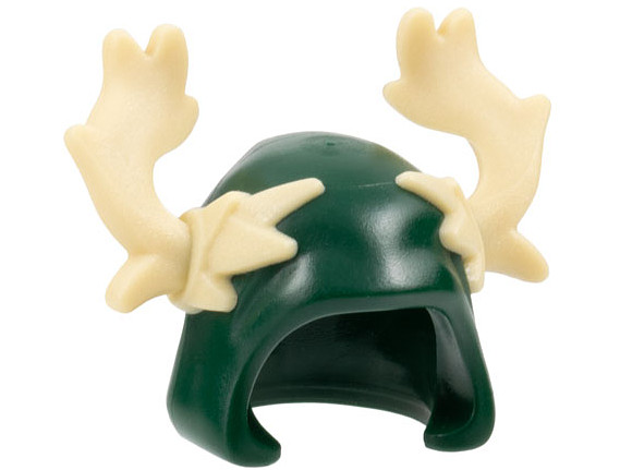 Minifigure, Headgear Hood with Molded Tan Moose Antlers Pattern: {земно зелен}
