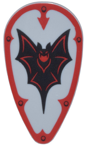 Minifigure, Shield Ovoid with Black and Red Bat and Border with Arrow and Rivets Pattern: {умерено каменно сив}