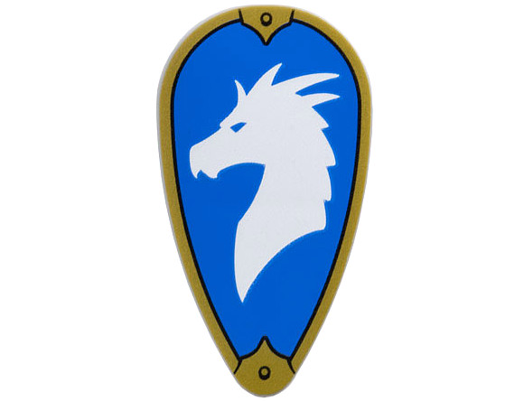 Minifigure, Shield Ovoid with Gold Border and White Dragon Head on Blue Background (Symbol of Bahamut) Pattern: {умерено каменно сив}