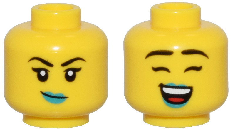 Yellow Minifigure, Head Dual Sided Female Thin Black Eyebrows, Dark Turquoise Lips, and Crooked Smile / Closed Eyes, Open Mouth Smile Pattern - Vented Stud: {ярко жълт}
