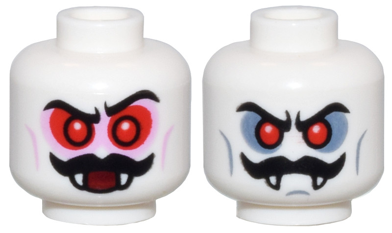 White Minifigure, Head Dual Sided Red Eyes, Black Moustache, Fangs, and Red Eye Circles / Dark Bluish Gray Eye Circles Pattern - Vented Stud: {бял}