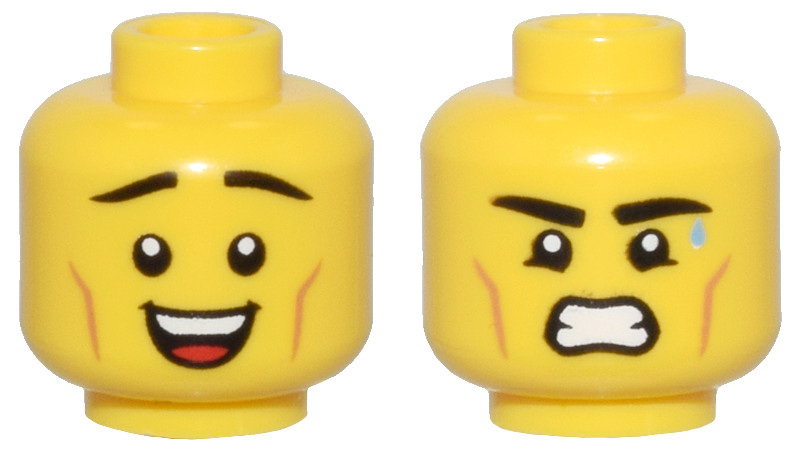 Yellow Minifigure, Head Dual Sided Thin Black Eyebrows, Medium Nougat Cheek Lines, and Open Mouth Smile / Sweat Drop, Grimace Pattern - Vented Stud: {ярко жълт}