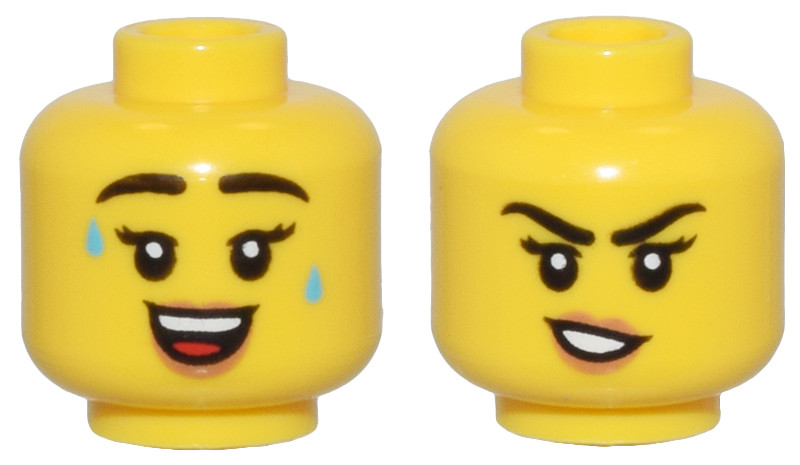 Yellow Minifigure, Head Dual Sided Female Black Eyebrows and Eyelashes, Medium Nougat Lips, Sweat Drops and Open Mouth Smile / Crooked Mouth Pattern - Vented Stud: {ярко жълт}