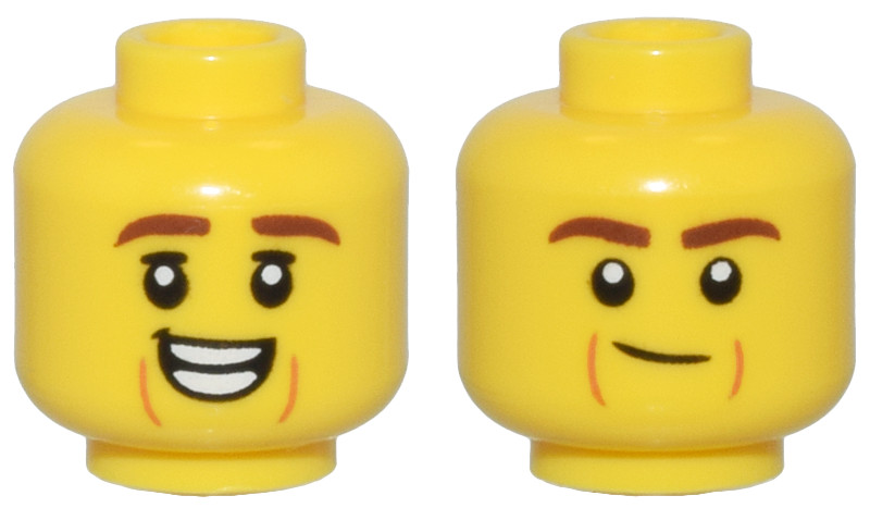 Yellow Minifigure, Head Dual Sided Reddish Brown Eyebrows, Dark Orange Cheek Lines, and Open Mouth Smile / Smirk Pattern - Vented Stud : {ярко жълт}
