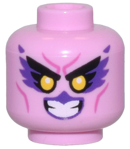 Bright Pink Minifigure, Head Alien Black Eyebrows, Dark Purple Feathers and Lips, Yellow Eyes, and Dark Pink Cheek Lines Pattern - Vented Stud: {светло пурпурен}