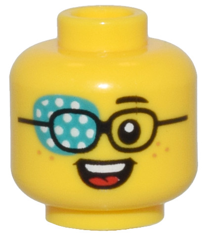 Yellow Minifigure, Head Black Glasses, Dark Turquoise Eye Patch with White Dots, Freckles, and Open Mouth Smile Pattern - Vented Stud: {ярко жълт}
