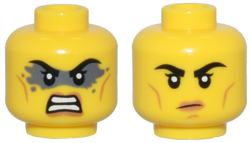 Yellow Minifigure, Head Dual Sided Female Black Eyebrows, Medium Nougat Lips and Cheek Lines, Dark Bluish Gray Face Paint, Angry / Closed Mouth Frown Pattern - Vented Stud: {ярко жълт}