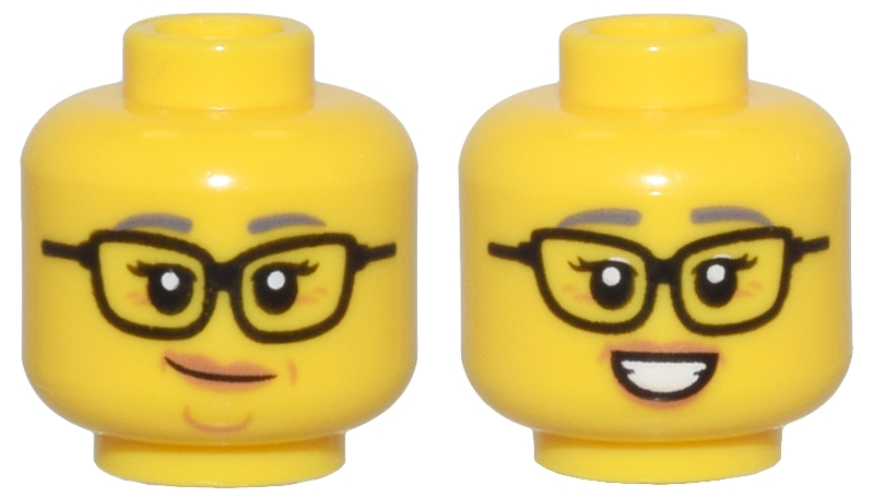 Minifigure, Head Dual Sided Female Black Glasses, Dark Bluish Gray Eyebrows, Medium Nougat Lips and Wrinkles, Smirk / Smile Pattern - Vented Stud: {ярко жълт}