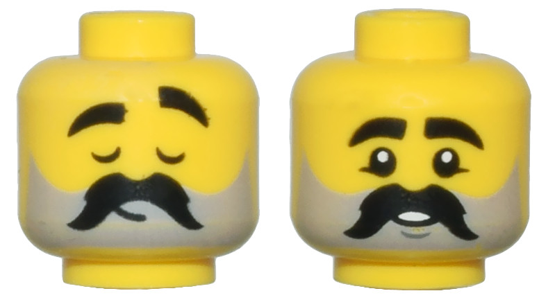 Yellow Minifigure, Head Dual Sided Thick Black Eyebrows and Moustache, Light Bluish Gray Beard Stubble, Closed Eyes and Eyebrow Raised / Small Smile Pattern - Vented Stud: {ярко жълт}