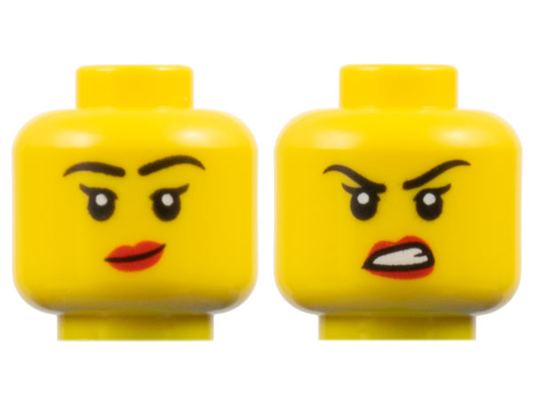 Minifigure, Head Dual Sided Female Black Eyebrows and Single Eyelashes, Red Lips, Lopsided Grin / Scowl Pattern - Vented Stud: {ярко жълт}