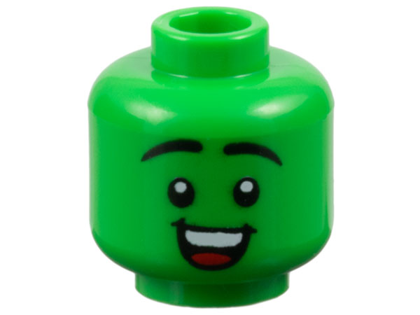 Minifigure, Head Black Eyebrows Raised, Open Mouth Smile with Top Teeth and Red Tongue Pattern - Vented Stud: {ярко зелен}