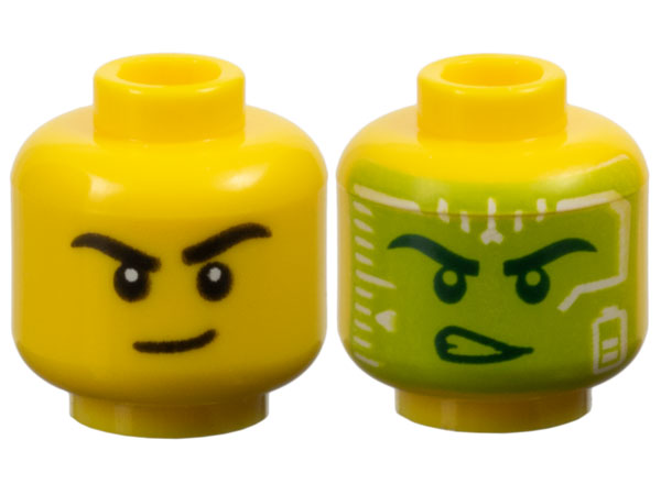Minifigure, Head Dual Sided Black Eyebrows and Lopsided Grin / Dark Green Eyebrows, Eyes, and Determined Open Mouth with Teeth, Lime and White Head-Up Display (HUD) Pattern - Vented Stud: {ярко жълт}
