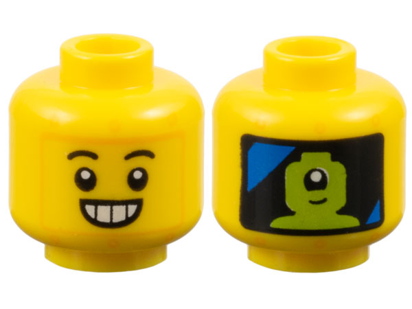 Minifigure, Head Robot Black Eyebrows, Open Smile with Teeth, Bright Light Orange Rivets, Panel with Blue Streaks and Lime Alien Pilot on Back Pattern - Vented Stud: {ярко жълт}
