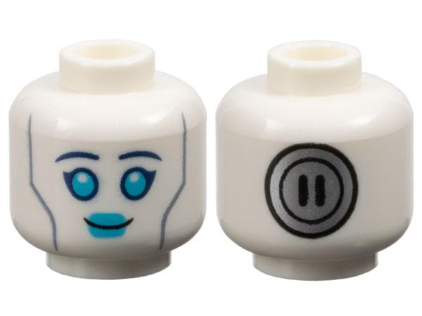 Minifigure, Head Alien Female Dark Blue Eyebrows, Medium Azure Eyes and Lips, Sand Blue Cheek Lines, Silver Circle Power Socket on Back Pattern - Vented Stud: {бял}