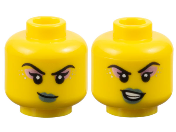 Minifigure, Head Dual Sided Female Black Eyebrows, Single Eyelashes, Metallic Pink Eye Shadow, Silver Dots, Metallic Light Blue Lips, Smirk / Lopsided Open Mouth Smile with Teeth Pattern - Vented Stud: {ярко жълт}