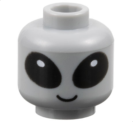 Minifigure, Head Alien with Large Black Eyes with White Glints, Grin Pattern - Vented Stud: {умерено каменно сив}