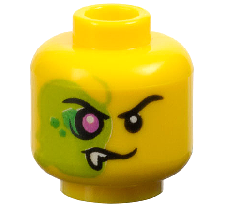 Minifigure, Head Alien Black Eyebrows, Evil Grin Left, Lime Face with Magenta Eye, Bright Green Scales, and White Fang Right Pattern - Vented Stud: {ярко жълт}