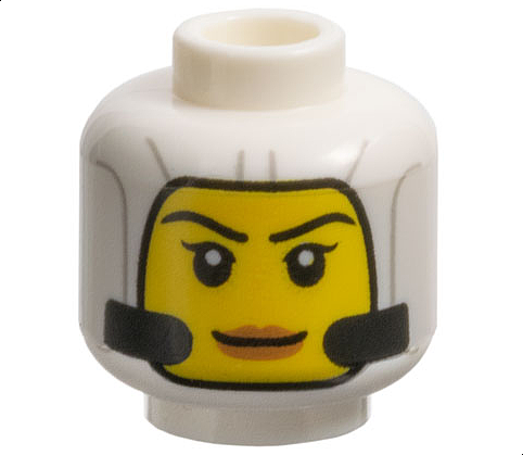 Minifigure, Head Female Balaclava with Light Bluish Gray Lines and Black Tubes, Yellow Face with Eyebrows, Single Eyelashes, and Nougat Lips, Grin Pattern - Vented Stud: {бял}