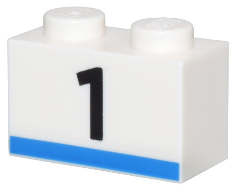 Brick 1 x 2 with Black Number 1 and Blue Stripe Pattern: {бял}
