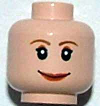 Minifigure, Head Female with Brown Thin Eyebrows, White Pupils and Short Eyelashes, Wide Smile with Red Lips Pattern - Blocked Open Stud: {светло нуга}