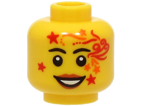 Minifigure, Head Black Eyebrows, Dark Orange Lips, Red and Orange Face Paint with Stars and Lines, Open Mouth Smile with Teeth Pattern - Hollow Stud (BAM): {ярко жълт}