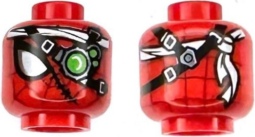 Minifigure, Head Alien with Spider-Man Dark Red Webbing, Large White and Silver Eye, Cyborg Eyepiece with Bright Green Lens, Black Straps, Stitches, Bandana Pattern: {ярко червен}