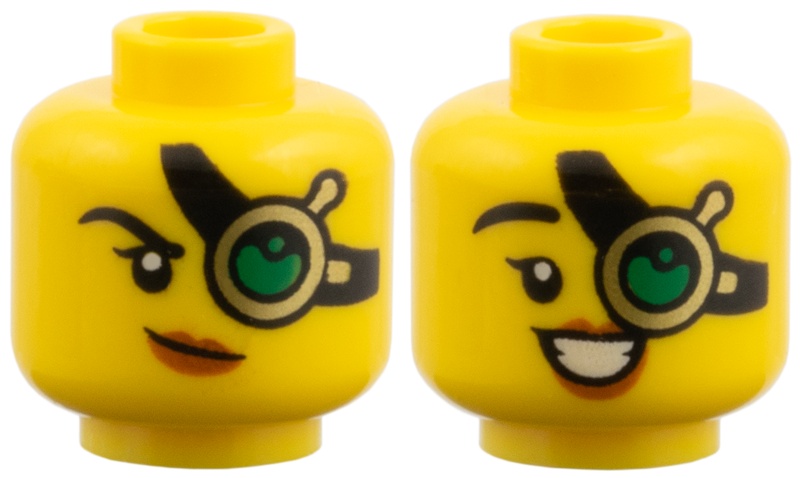 Minifigure, Head Dual Sided Female, Gold Eyepiece with Black Strap, Green Lens, Black Eyebrow, Dark Orange Lips, Lopsided Grin / Open Smile Pattern: {ярко жълт}