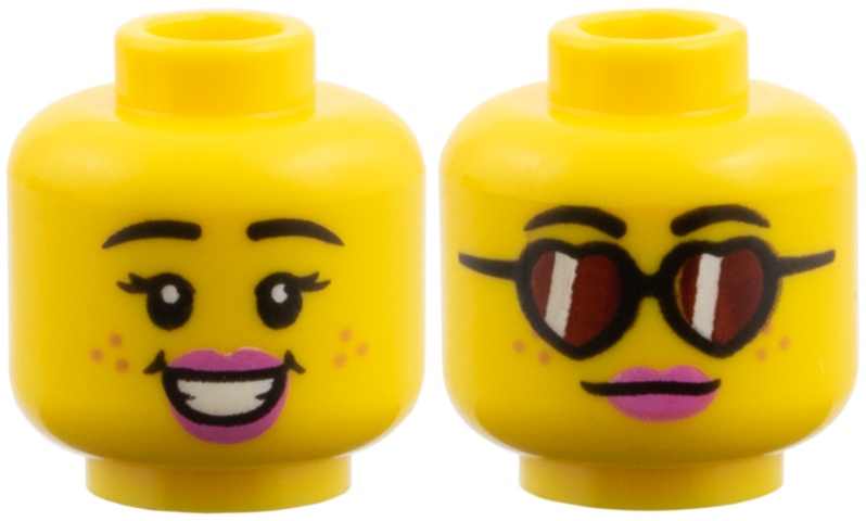Minifigure, Head Dual Sided Female, Black Eyebrows, Medium Nougat Freckles, Dark Pink Lips, Open Smile / Glasses with Reddish Brown Heart Lenses Pattern: {ярко жълт}