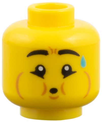 Minifigure, Head Black Eyebrows, Medium Azure Sweat Drop, Medium Nougat Puffed Cheeks, Puckered Mouth Pattern: {ярко жълт}