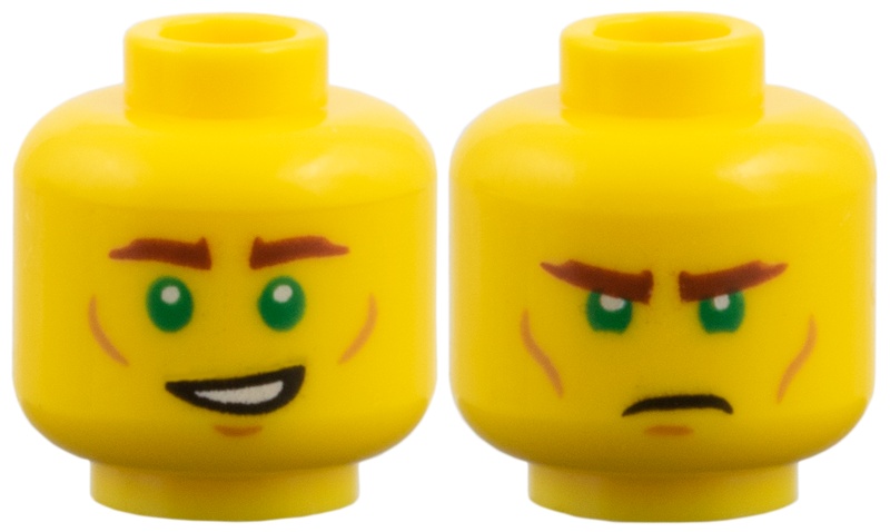 Minifigure, Head Dual Sided, Reddish Brown Eyebrows, Bright Green Eyes, Medium Nougat Contours, Smile / Frown Pattern: {ярко жълт}