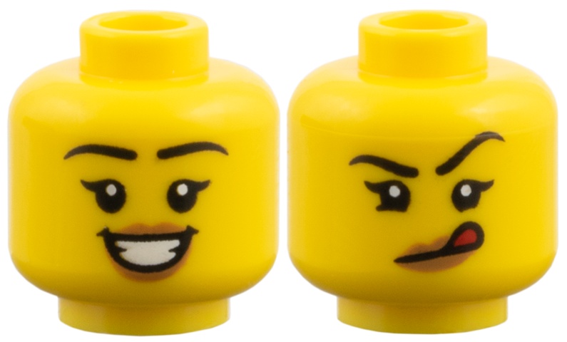 Minifigure, Head Dual Sided Female, Black Eyebrows, Medium Nougat LIps, Open Smile / Red Tongue Pattern: {ярко жълт}