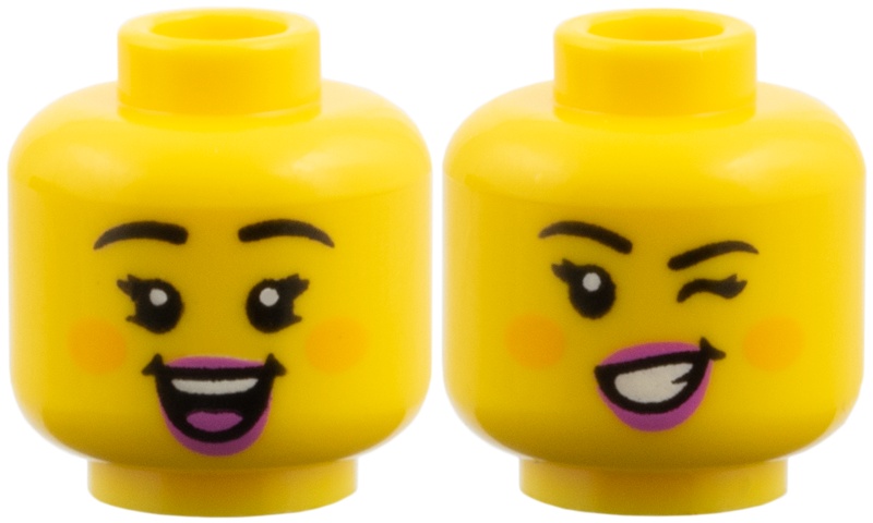 Minifigure, Head Dual Sided Female, Black Eyebrows, Orange Cheeks, Dark Pink Lips, Open Smile / Wink with Lopsided Smile Pattern: {ярко жълт}
