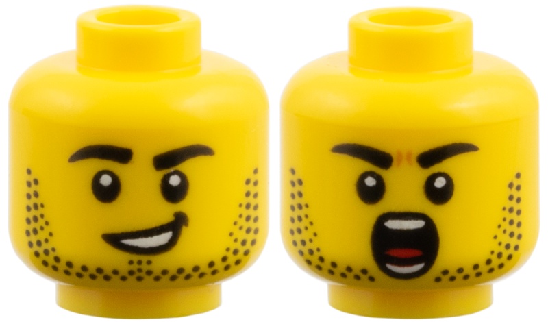 Minifigure, Head Dual Sided, Black Eyebrows and Stubble / Lopsided Smile / Shouting Pattern: {ярко жълт}