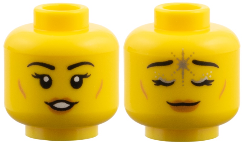 Minifigure, Head Dual Sided Female, Medium Nougat Cheek Lines and Lips, Smile / Eyes Closed with Silver Forehead Star and Eyelids Pattern: {ярко жълт}